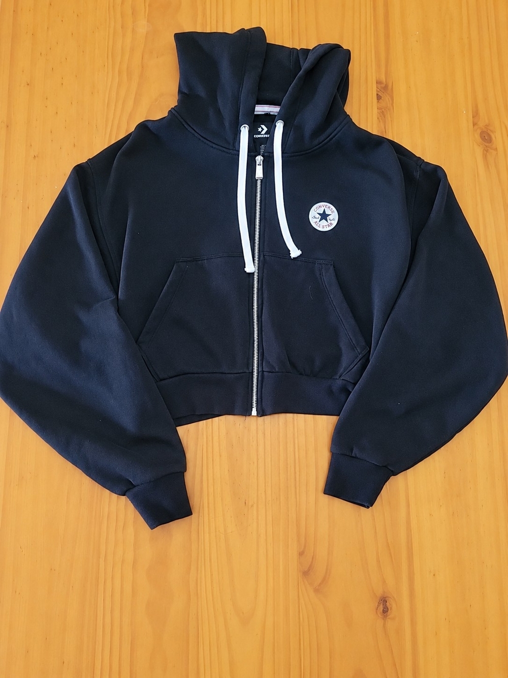Converse Black Cropped Zip-Up Hoodie with White Drawstrings